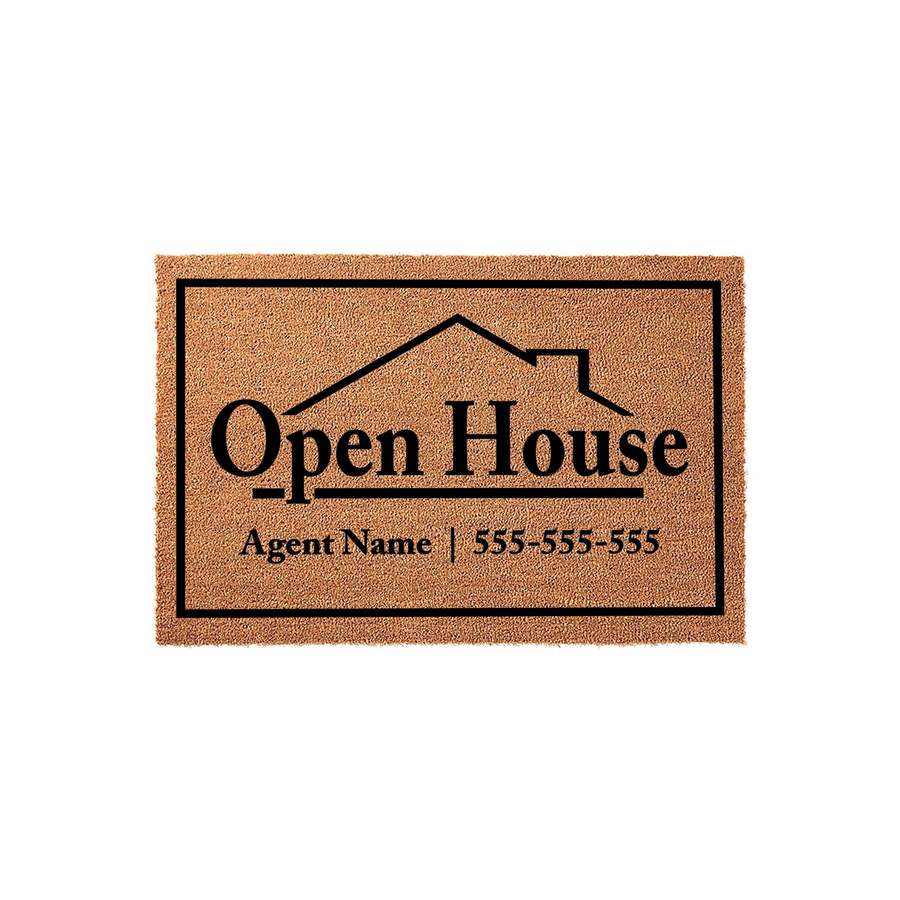 Personalized Real Estate Open House Doormat featuring a natural coir texture with a black house outline, the text Open House, and a placeholder for an agent name and phone number printed in a clean, professional serif font style.