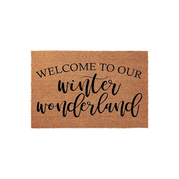 Welcome to our winter wonderland coir doormat featuring a natural brown fiber texture and elegant black typography, making it a festive seasonal entryway rug for your home decor during the cold holiday months and snowy winter