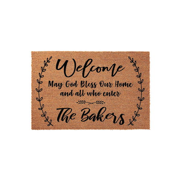 Personalized Coir Welcome Doormat featuring a religious blessing and elegant leaf wreath design, printed on a natural tan fiber mat to provide a warm and inviting entrance for any family home or front porch decor.