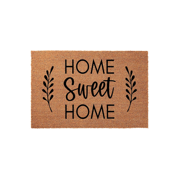 Home Sweet Home coir doormat featuring a natural tan fiber texture with black printed text and elegant leaf sprigs on either side, creating a welcoming farmhouse aesthetic for your front porch entrance or entryway floor decor.