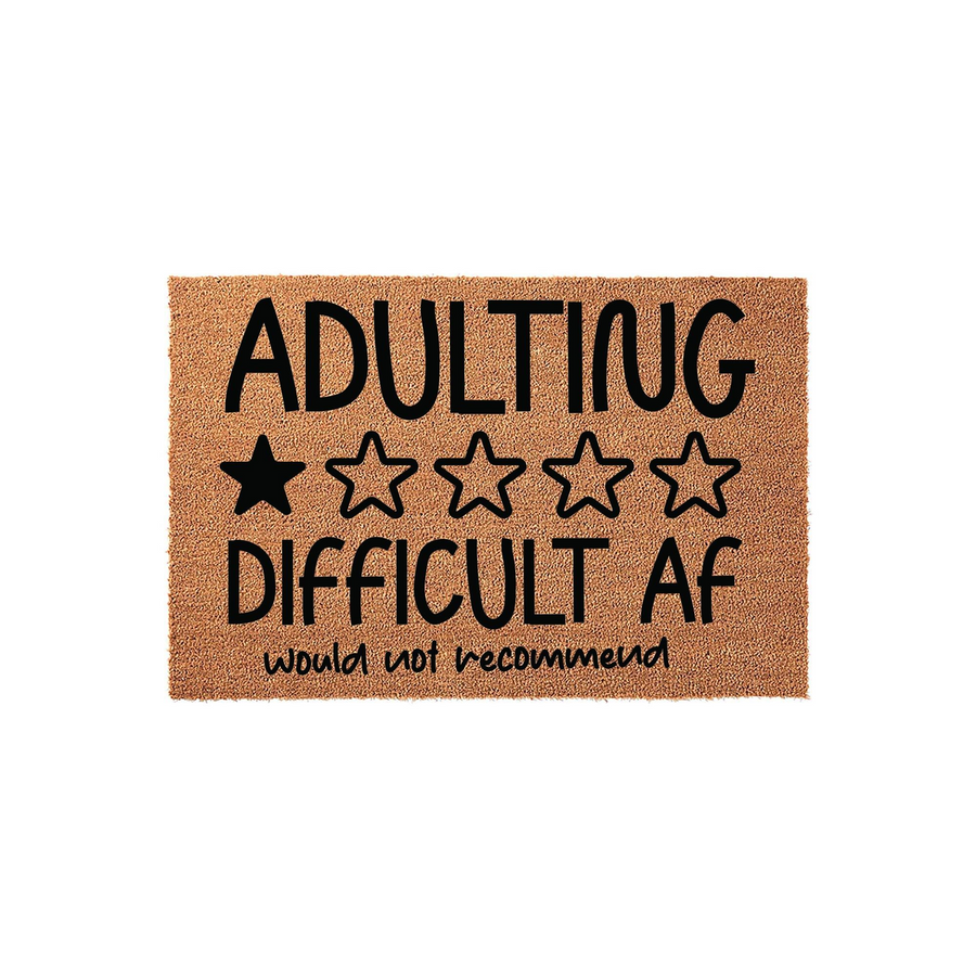 Funny Adulting Difficult AF doormat featuring a one-star rating design on a natural coir fiber background, perfect for adding a humorous touch to your front porch decor with its bold black text and star graphic elements.