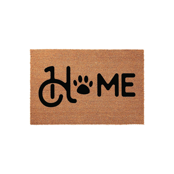 Dog Paw Print Home Doormat featuring a natural coir fiber texture with the word HOME printed in bold black letters, where the letter O is replaced by a cute animal paw print design for a charming pet lover entryway decor