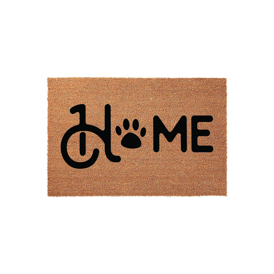 Dog Paw Print Home Doormat featuring a natural coir fiber texture with the word HOME printed in bold black letters, where the letter O is replaced by a cute animal paw print design for a charming pet lover entryway decor
