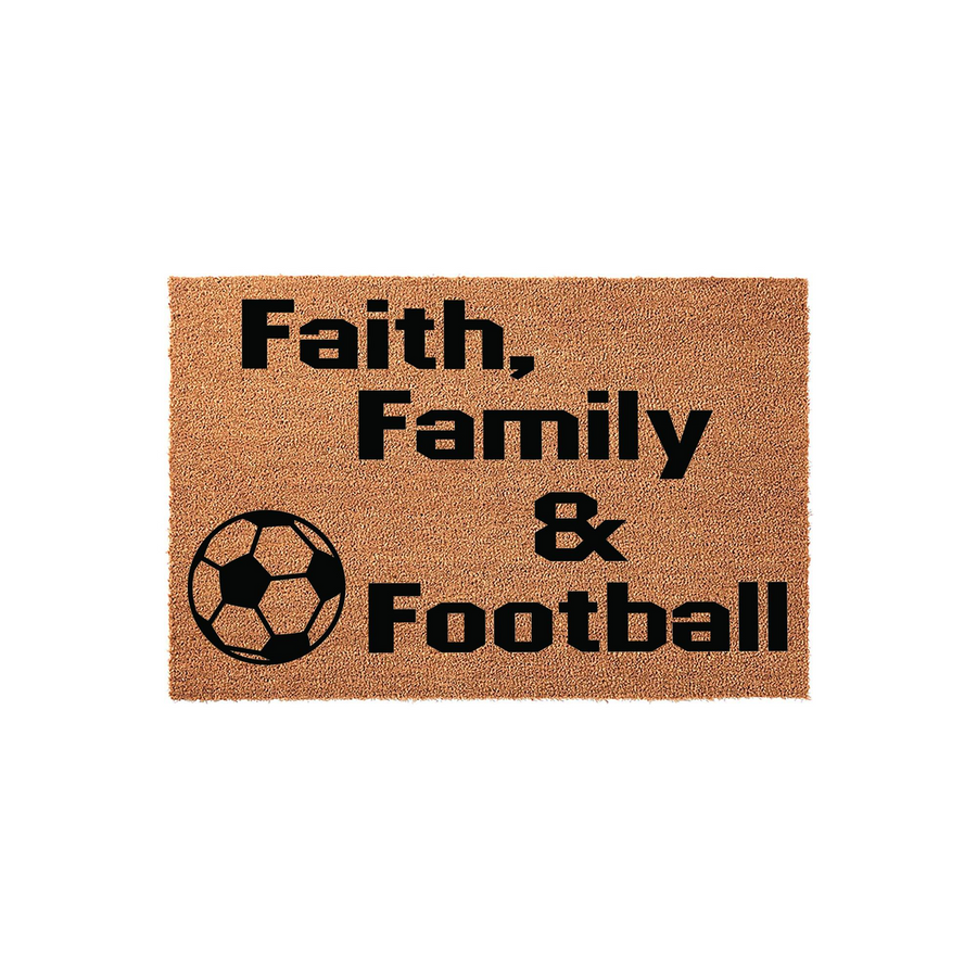 Faith Family and Football coir doormat featuring bold black text and a soccer ball graphic on a natural tan fiber background, creating a sporty and welcoming entrance for any home that loves the game and values family time