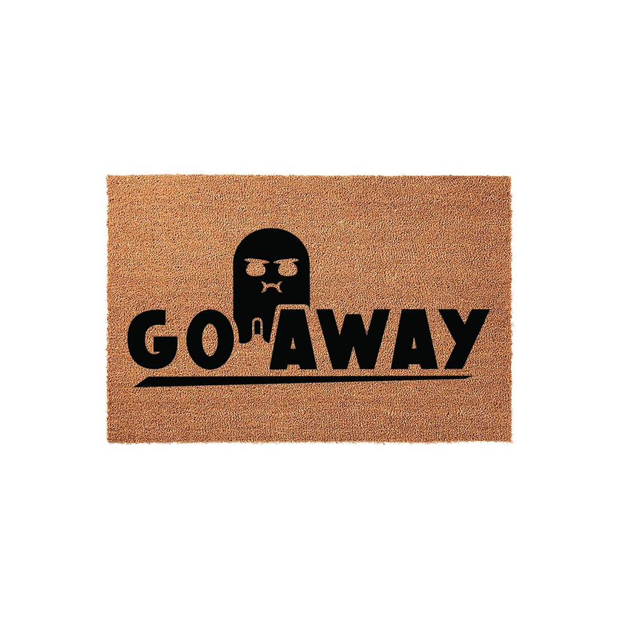 Go Away funny doormat made of natural coir fiber, featuring a black silhouette of a grumpy ghost character with sunglasses and the bold text Go Away printed across the center on a plain white background for a modern entryway.