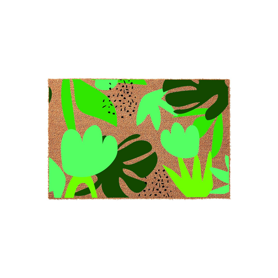 Abstract Botanical Coir Doormat featuring a vibrant, modern pattern of layered green leaves and stylized flowers on a natural brown fiber background, creating a cheerful and artistic entryway accent for your home decor.