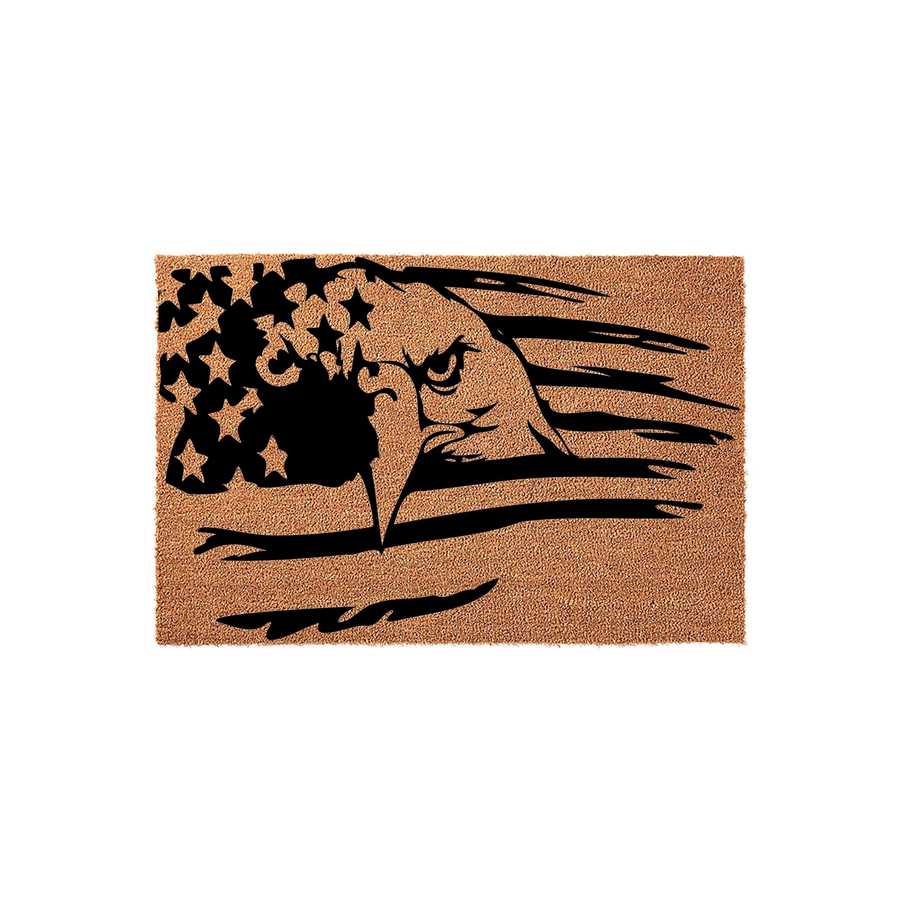 American Eagle Flag Coir Doormat featuring a bold black silhouette of a bald eagle head integrated into a stylized American flag design, printed on a natural brown textured coir fiber mat for a patriotic outdoor entryway decor