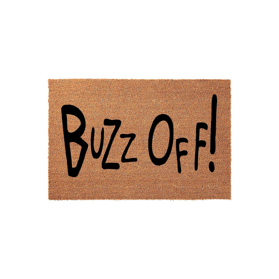 Funny Buzz Off Doormat featuring a natural coir fiber texture and bold black hand-lettered text that adds a humorous touch to your front porch decor while keeping your entryway clean and welcoming for all your guests.