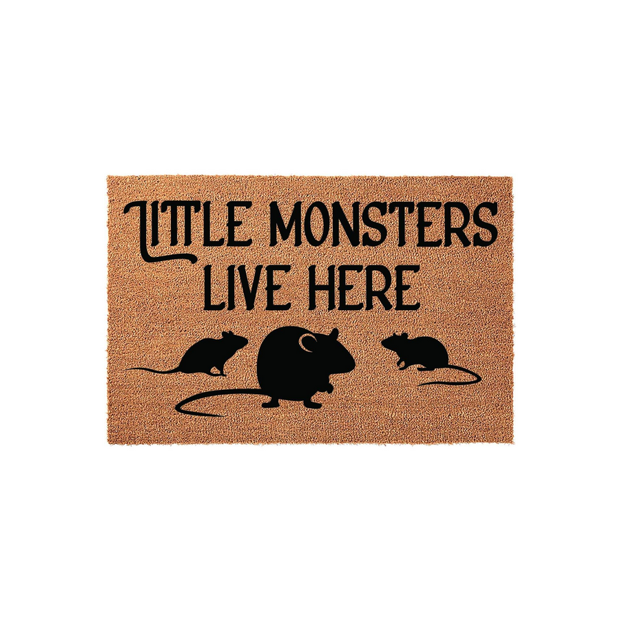 Little Monsters Live Here coir doormat featuring a playful design with three black rat silhouettes printed on a natural tan fiber background, creating a fun and whimsical entryway decor piece for any home that loves pet rodents.