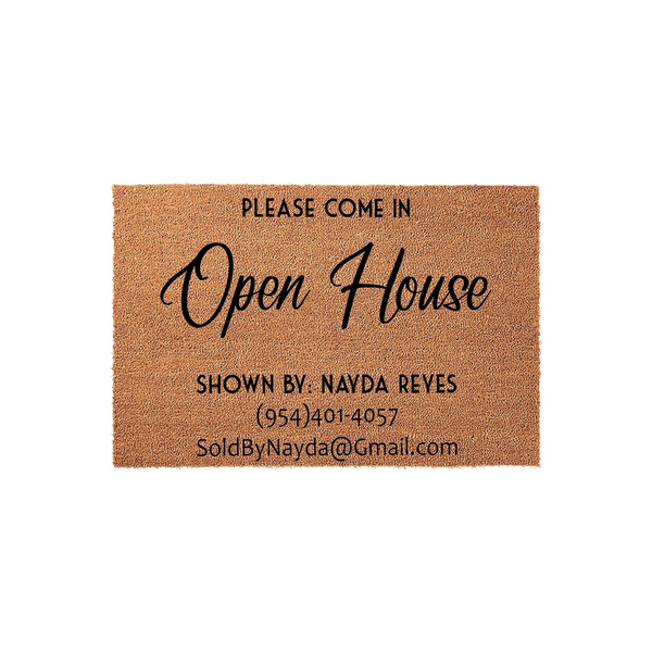 Personalized Open House doormat made of natural coir fiber, featuring professional real estate branding with contact information printed in a clean, modern font against the textured brown background for a welcoming entrance.