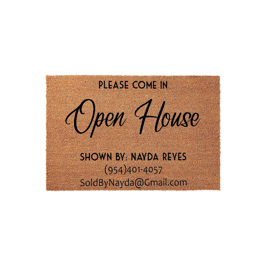 Personalized Open House doormat made of natural coir fiber, featuring professional real estate branding with contact information printed in a clean, modern font against the textured brown background for a welcoming entrance.