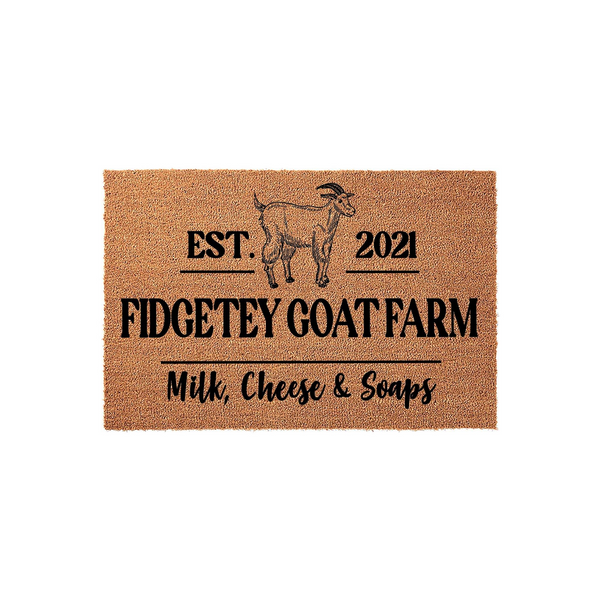 Custom Goat Farm Doormat featuring a rustic coir texture with a black printed illustration of a goat, the farm name, established year, and a list of products including milk, cheese, and soaps for a charming farmhouse entryway