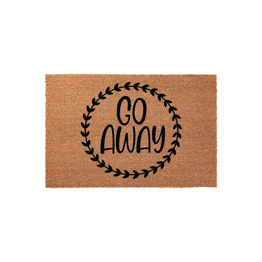Go Away funny doormat made of natural coir fiber with a black printed wreath design, featuring a humorous message centered on the rectangular mat to greet visitors at your front porch with a touch of personality and rustic charm.