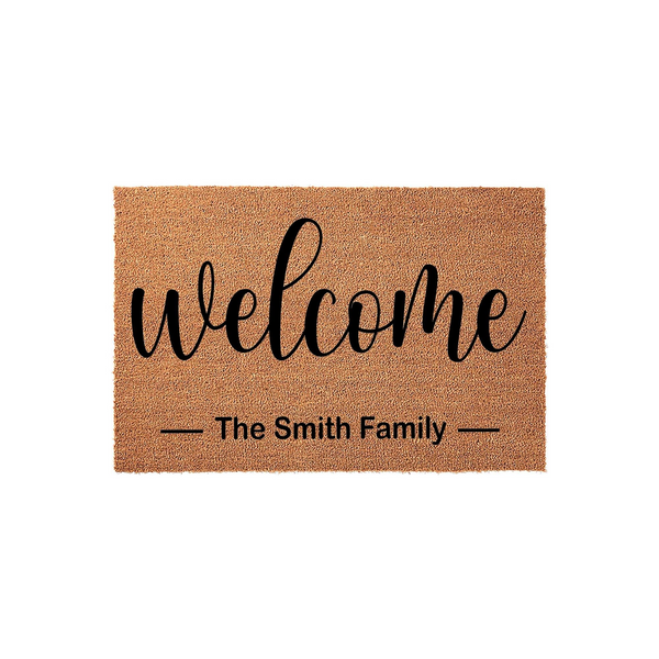 Personalized family name coir doormat featuring the word welcome in elegant black script and a custom last name line below, providing a durable and stylish natural fiber entryway rug for your home front porch or doorstep decor.