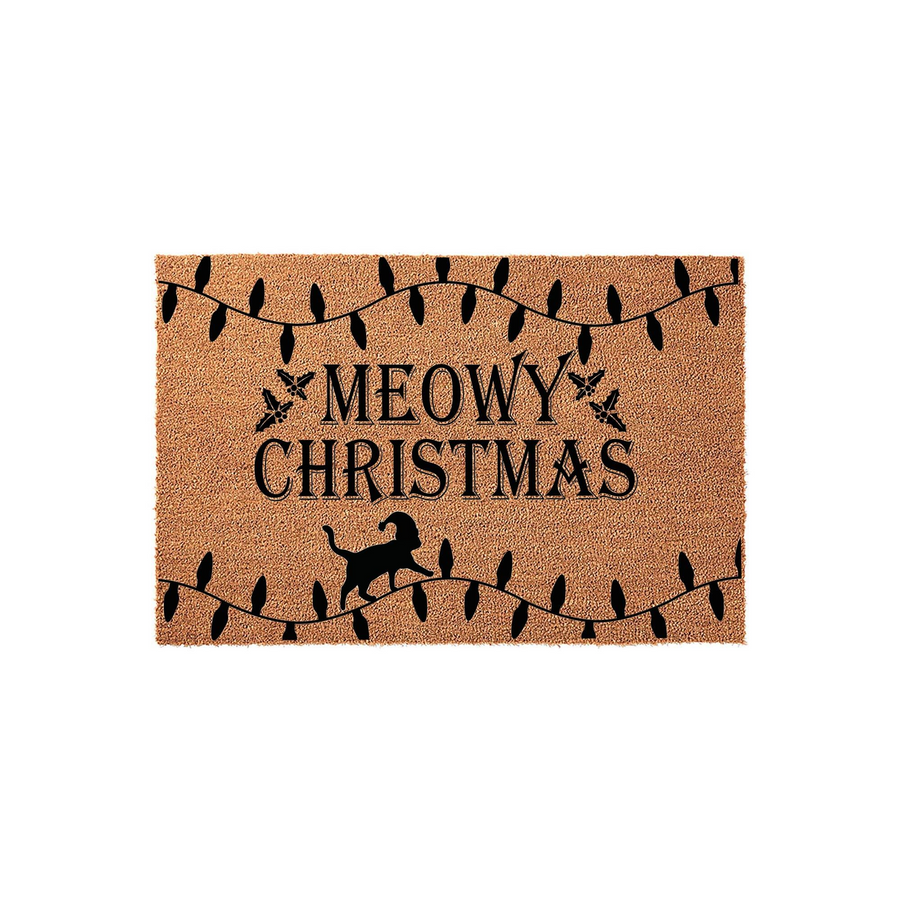 Meowy Christmas cat doormat featuring a natural coir texture with black printed holiday lights, holly accents, and a playful silhouette of a cat wearing a Santa hat, making it a festive addition to any cat lover's front porch