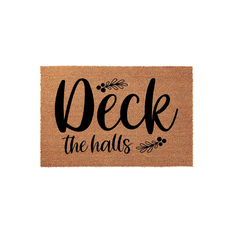 Deck the Halls Christmas doormat featuring natural coir fibers and bold black script lettering, accented with festive holly berry and leaf illustrations to create a welcoming holiday entrance for your front porch decor.