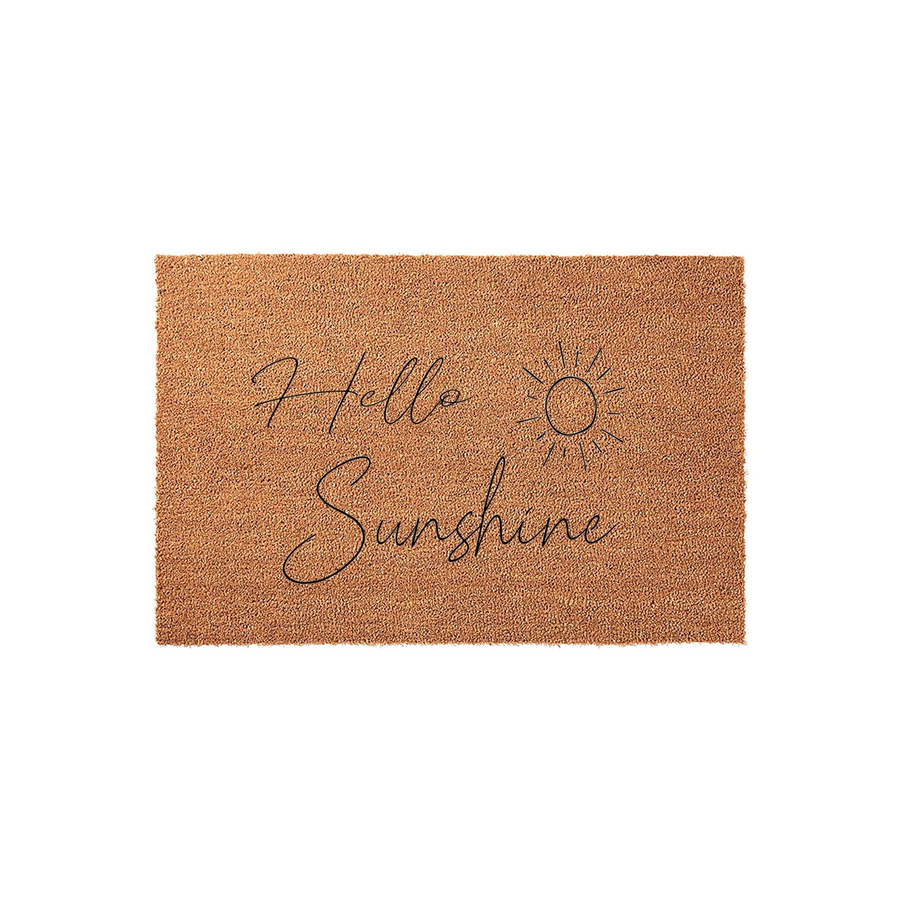 Hello Sunshine coir doormat featuring a natural brown fiber texture and elegant black cursive script text with a simple sun illustration, perfect for adding a cheerful and welcoming touch to your front porch entryway decor.