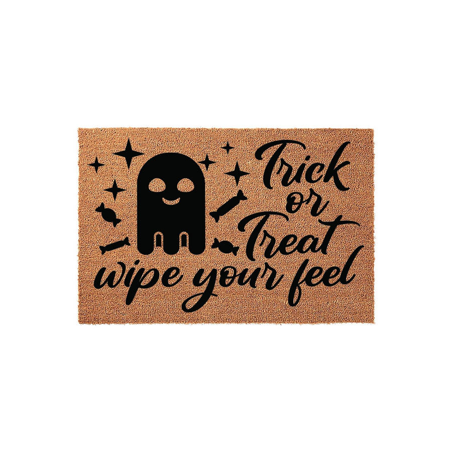 Trick or Treat Halloween doormat featuring a cute black ghost, candy icons, and stars printed on a natural coir fiber background with the playful text wipe your feet, creating a festive entryway decor piece for the spooky fall