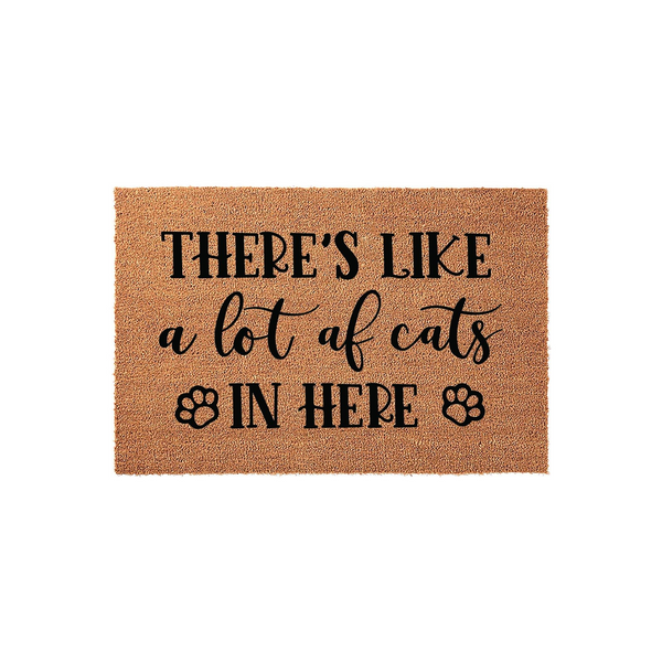 Funny Cat Lover Coir Doormat featuring the text There is like a lot of cats in here with decorative paw prints, set against a plain white background to showcase the natural brown fiber texture of this humorous indoor or outdoor