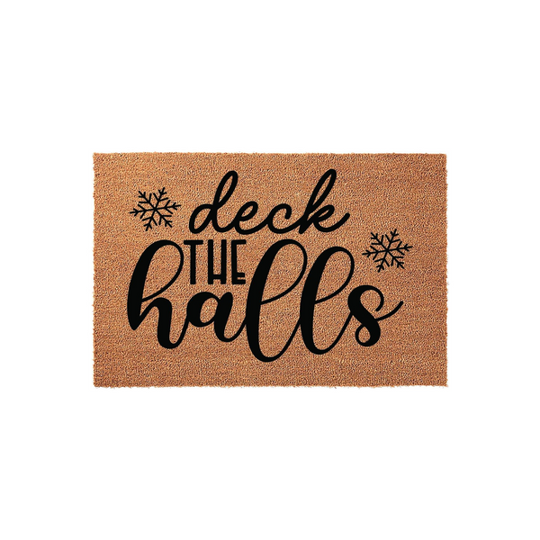 Deck the Halls Christmas doormat made of natural coir fiber with a textured brown surface, featuring black script lettering and snowflake accents that create a festive holiday entryway decoration for your front porch or home