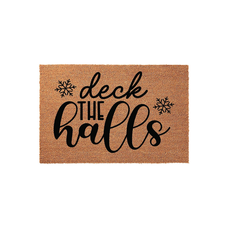Deck the Halls Christmas doormat made of natural coir fiber with a textured brown surface, featuring black script lettering and snowflake accents that create a festive holiday entryway decoration for your front porch or home