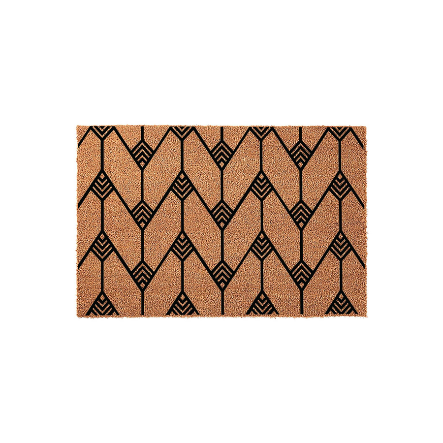 Modern Geometric Pattern Coir Doormat featuring a bold black chevron and diamond design printed on a natural tan fiber background, creating a stylish and durable entryway floor mat for your home front porch or indoor mudroom