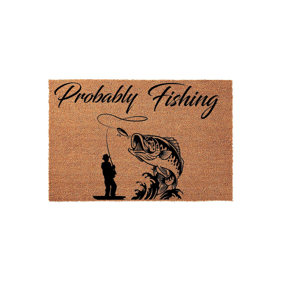 Probably Fishing coir doormat featuring a black silhouette of a fisherman in a boat catching a large bass fish, set against a natural brown textured background for a rustic outdoor entrance or porch decor for any fishing
