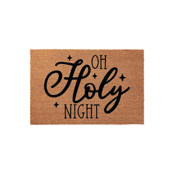 Oh Holy Night Christmas doormat featuring black script lettering and star accents printed on a natural tan coir fiber mat, providing a festive and welcoming holiday decoration for your front porch entrance during the winter