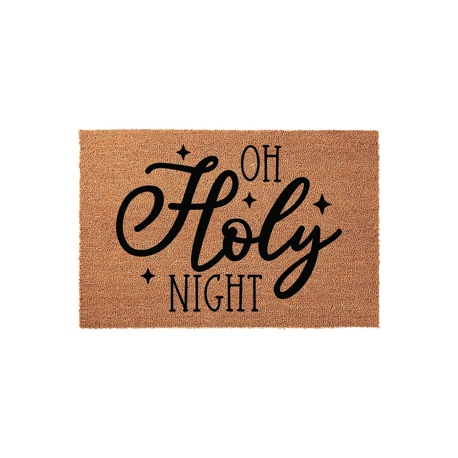 Oh Holy Night Christmas doormat featuring black script lettering and star accents printed on a natural tan coir fiber mat, providing a festive and welcoming holiday decoration for your front porch entrance during the winter