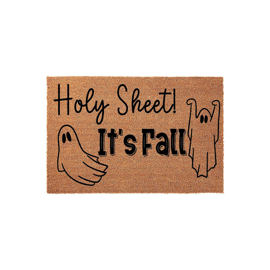Holy Sheet It's Fall Halloween doormat made of natural coir fiber, featuring a humorous pun and two cute ghost illustrations printed in black ink against a plain white background for a festive seasonal porch decor look.