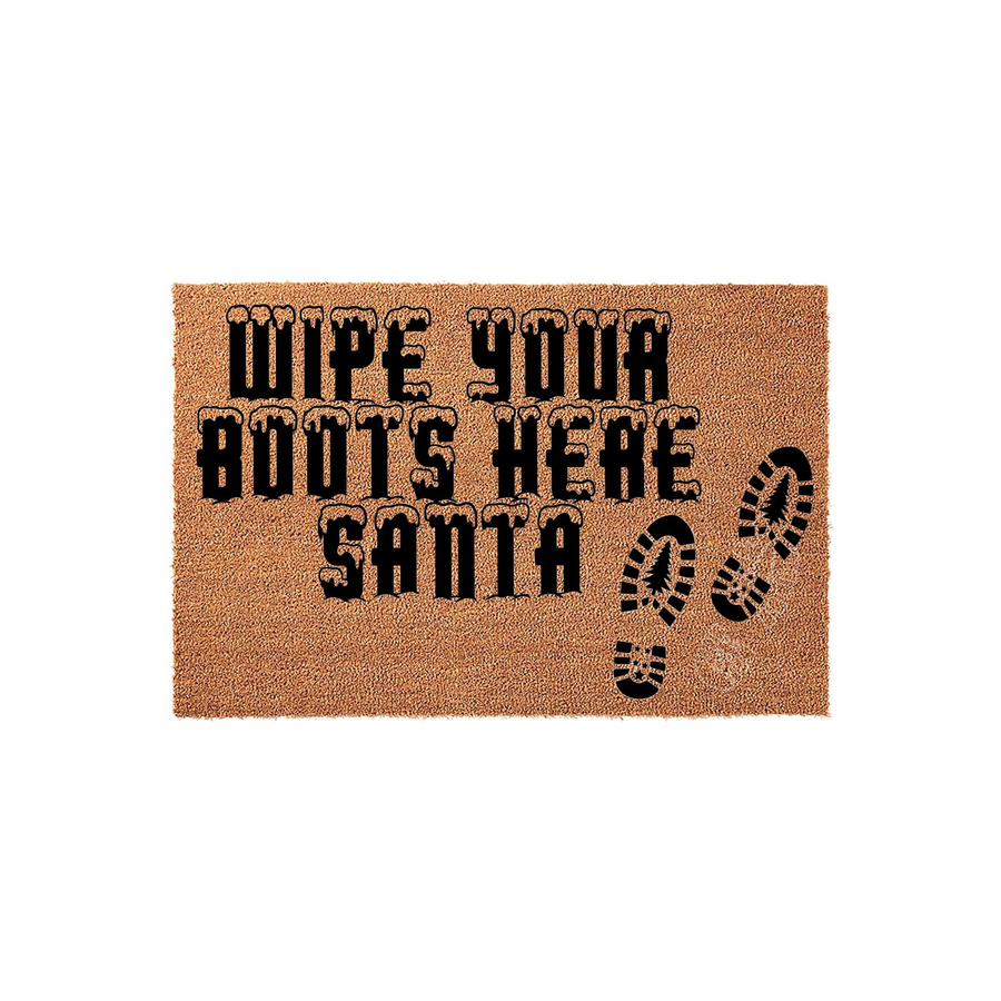 Wipe Your Boots Here Santa Christmas Doormat featuring a natural coir texture with bold black lettering and festive boot print graphics, creating a fun holiday entryway decoration for your front porch during the winter season.