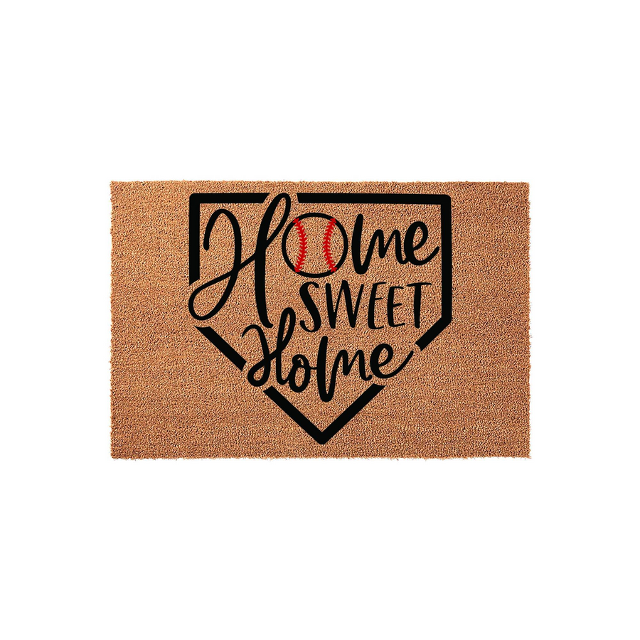 Baseball Home Sweet Home doormat featuring a natural coir fiber texture and a black home plate graphic with a red-stitched baseball replacing the letter O, creating a sporty entrance rug for any baseball fan or sports-themed