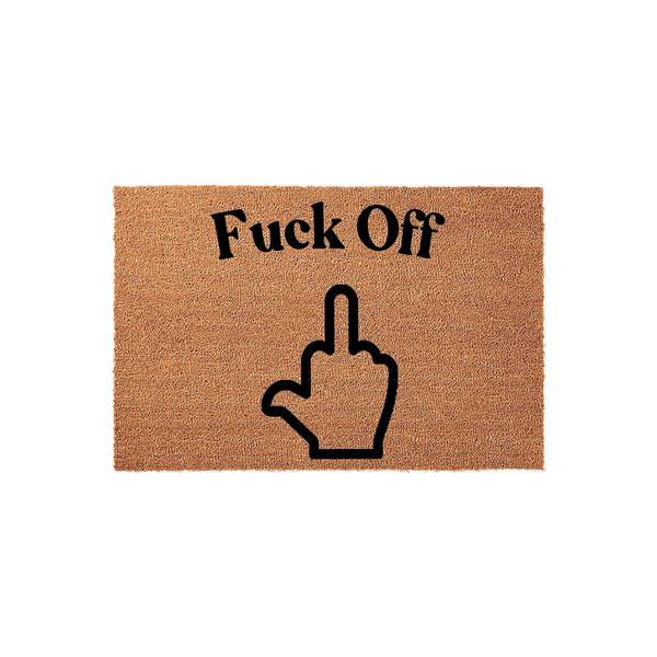 Funny Fuck Off doormat featuring a bold black middle finger icon printed on a natural brown coir fiber mat, creating a humorous and sarcastic entryway decor piece that is sure to make a statement for any home or apartment front