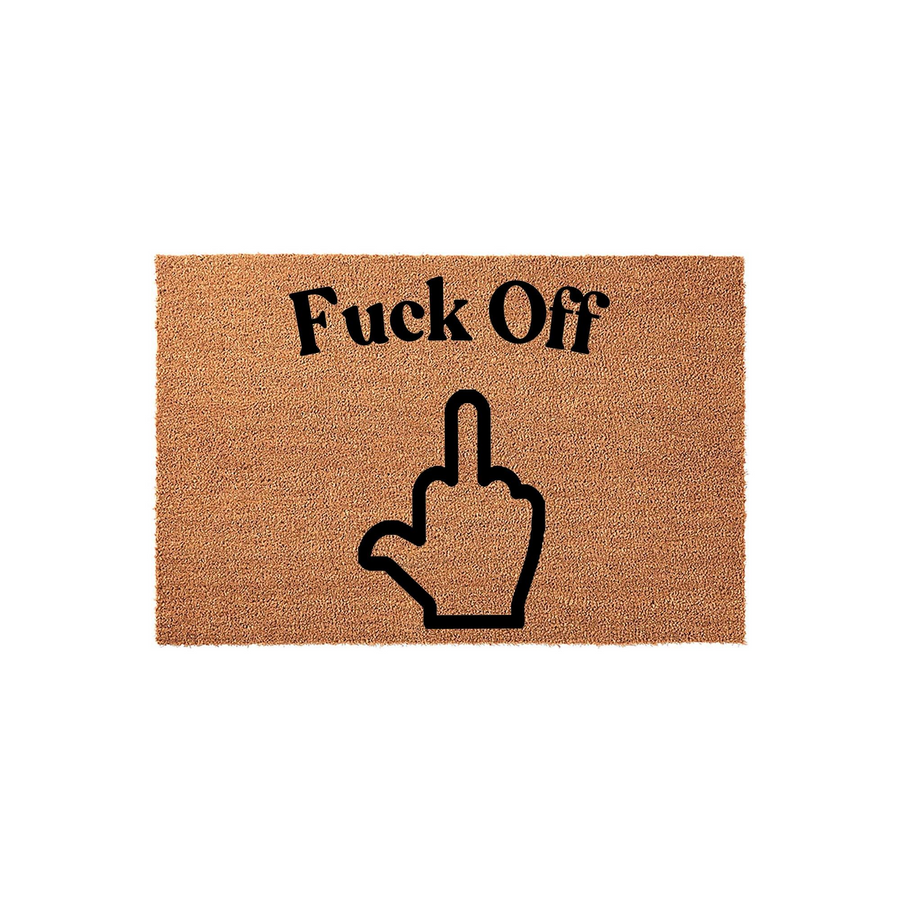 Funny Fuck Off doormat featuring a bold black middle finger icon printed on a natural brown coir fiber mat, creating a humorous and sarcastic entryway decor piece that is sure to make a statement for any home or apartment front