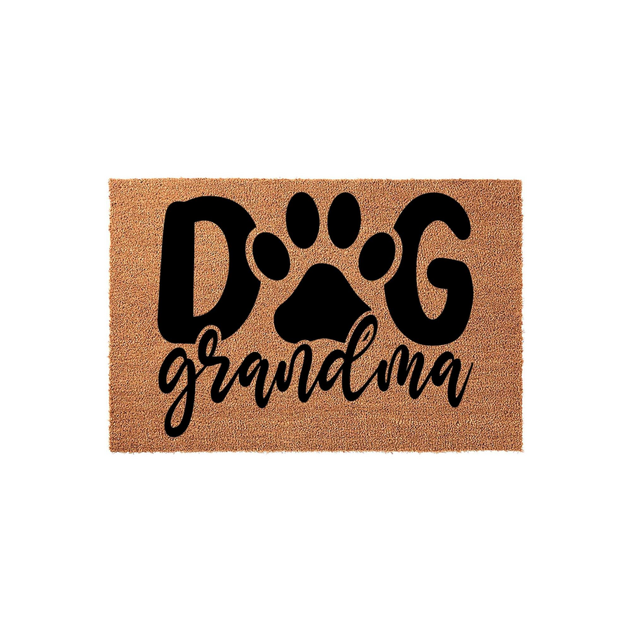 Grandma Dog Lover Coir Doormat featuring a bold black paw print design that replaces the letter O in the word Dog, with the word grandma written in a stylish cursive script on a natural tan textured coir fiber background.
