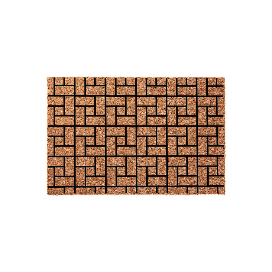 Geometric Pattern Coir Doormat featuring a natural tan fiber texture with a bold black grid design, providing a durable and stylish entryway floor covering that adds a modern touch to any front porch or home entrance decor.