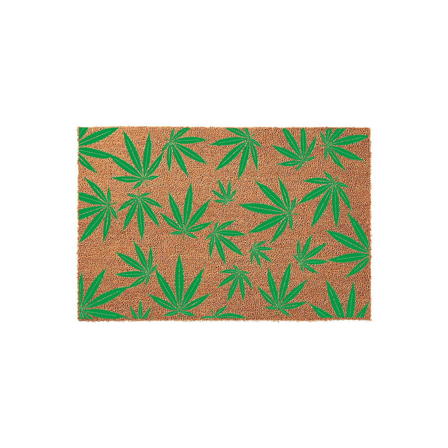 Cannabis leaf pattern coir doormat featuring a natural brown textured fiber background with a repeating print of bright green marijuana leaves, creating a fun and casual entryway decor piece for your home or apartment front door.