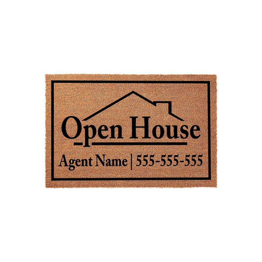 Personalized Real Estate Open House Doormat featuring a natural coir texture with a black house outline graphic, custom agent name, and contact phone number printed in a professional serif font on a clean white background.