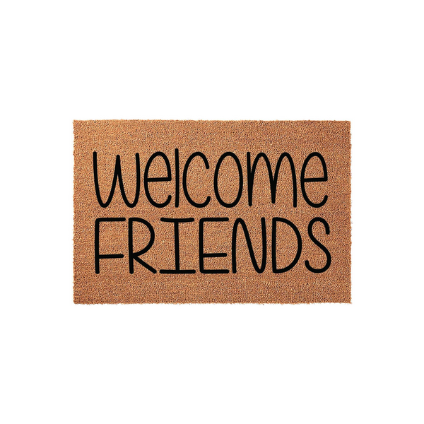Welcome Friends coir doormat featuring a natural brown fiber texture and bold black lettering, providing a warm and inviting entrance for your front porch or home entryway with its simple, modern, and clean typography design.