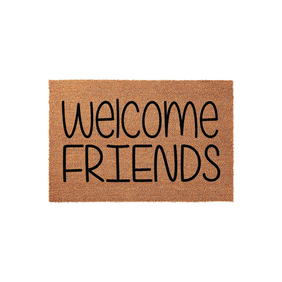 Welcome Friends coir doormat featuring a natural brown fiber texture and bold black lettering, providing a warm and inviting entrance for your front porch or home entryway with its simple, modern, and clean typography design.