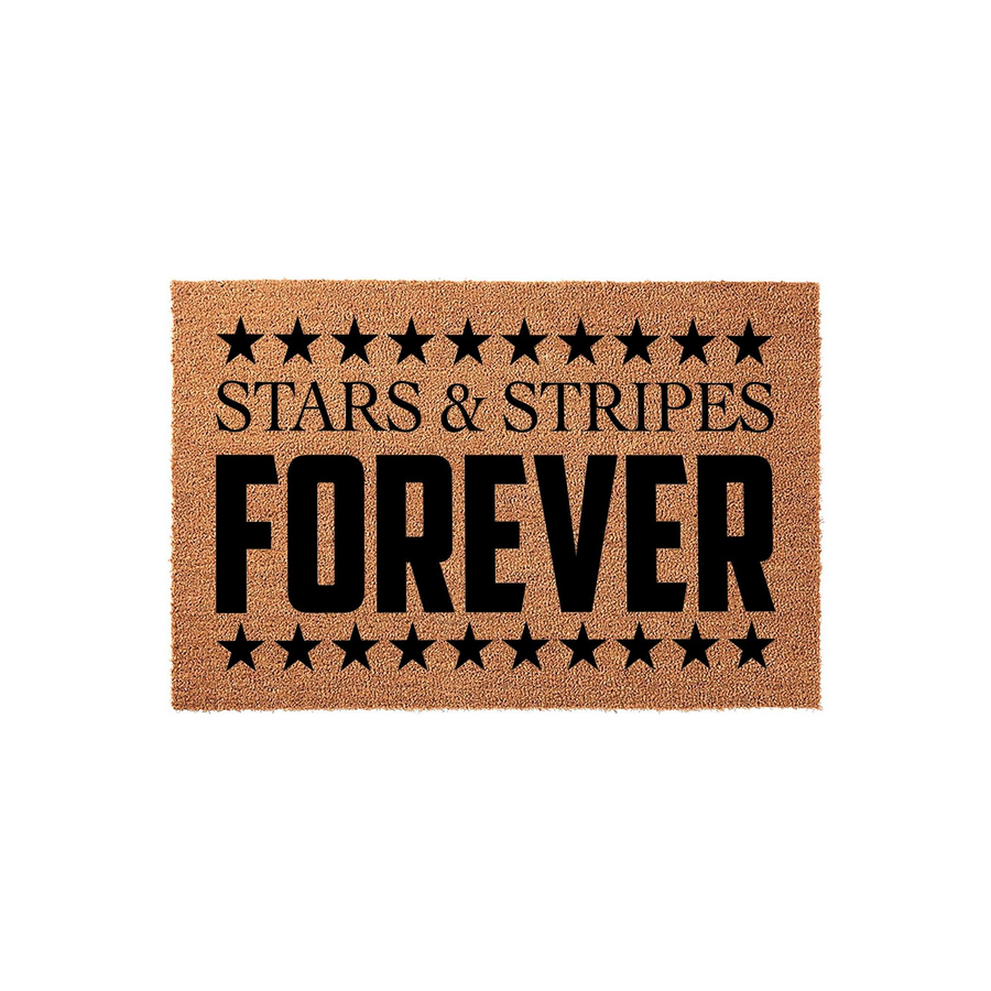 Stars and Stripes Forever coir doormat featuring a natural brown fiber texture with bold black text and two rows of stars, creating a patriotic entryway decor piece that is perfect for celebrating American pride at your front