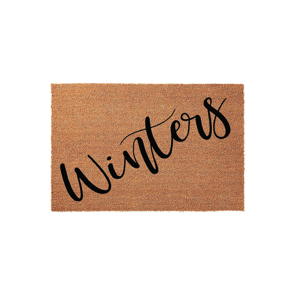 Personalized family name coir doormat featuring the word Winters written in a stylish black script font, centered on a natural tan textured fiber mat that provides a welcoming and durable entrance for any home front porch or