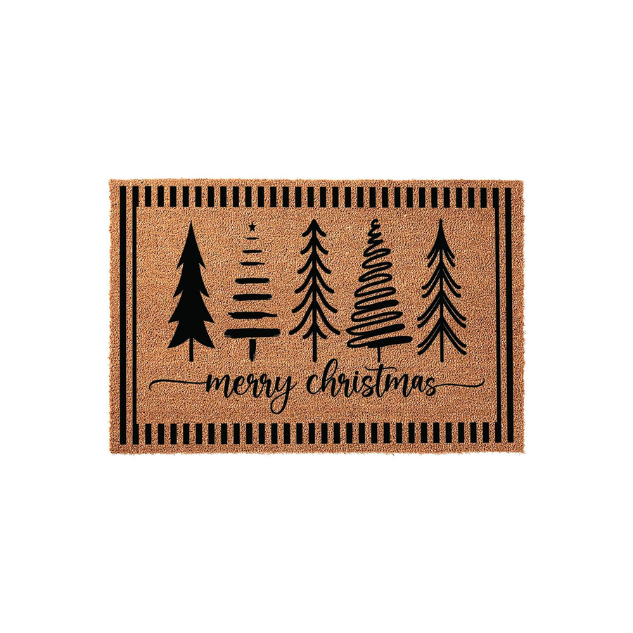 Merry Christmas coir doormat featuring a row of five stylized black pine trees and a striped border design on a natural tan fiber background, creating a festive holiday entryway decor piece for your front porch or home entrance.