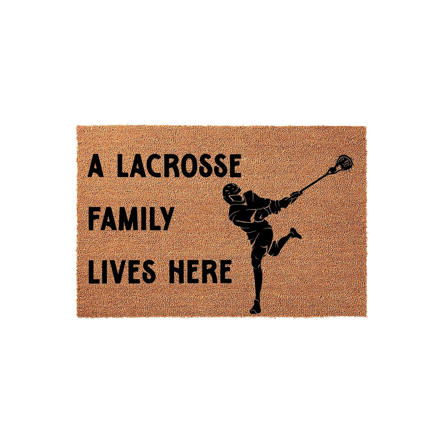 Lacrosse Family Lives Here coir doormat featuring a natural brown fiber texture and bold black text, showcasing a silhouette of a lacrosse player in action to welcome guests to a sports-loving home on a clean white background.