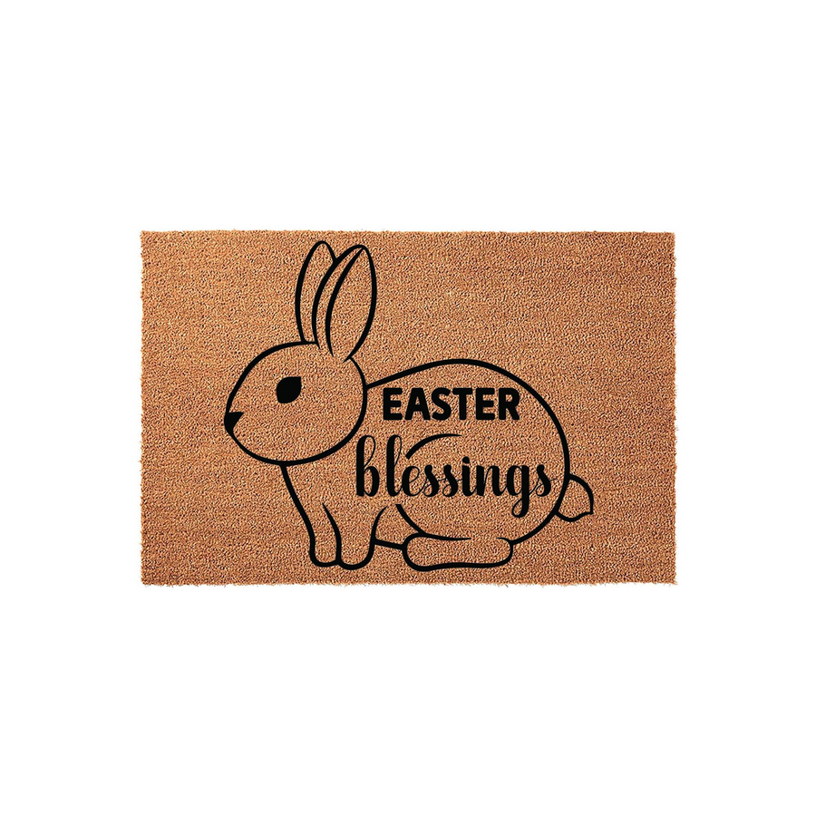 Easter Blessings coir doormat featuring a minimalist black line art illustration of a cute bunny rabbit centered on a natural brown textured fiber background, creating a festive spring entryway decor piece for your front porch.