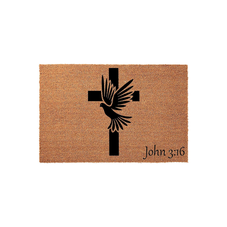 Religious Christian coir doormat featuring a black silhouette of a dove flying in front of a cross, with the scripture reference John 3:16 printed in the bottom right corner on a natural brown textured fiber background for a