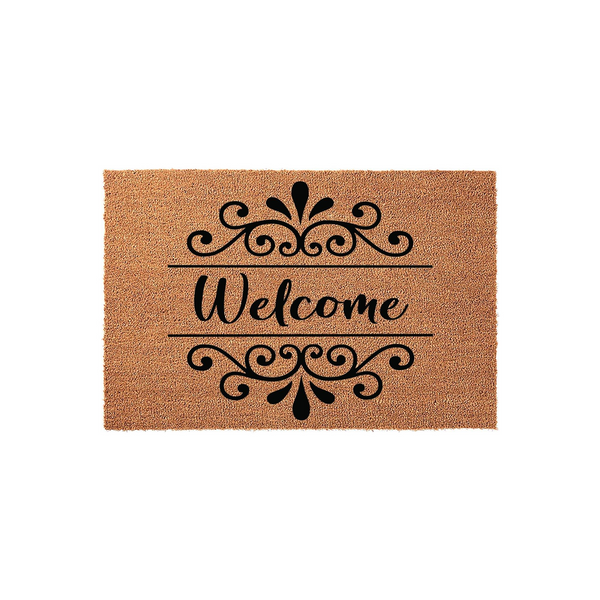 Welcome Coir Doormat featuring a natural tan fiber texture with elegant black scrollwork designs above and below the centered script text, creating a classic farmhouse aesthetic for your front porch entryway decor.