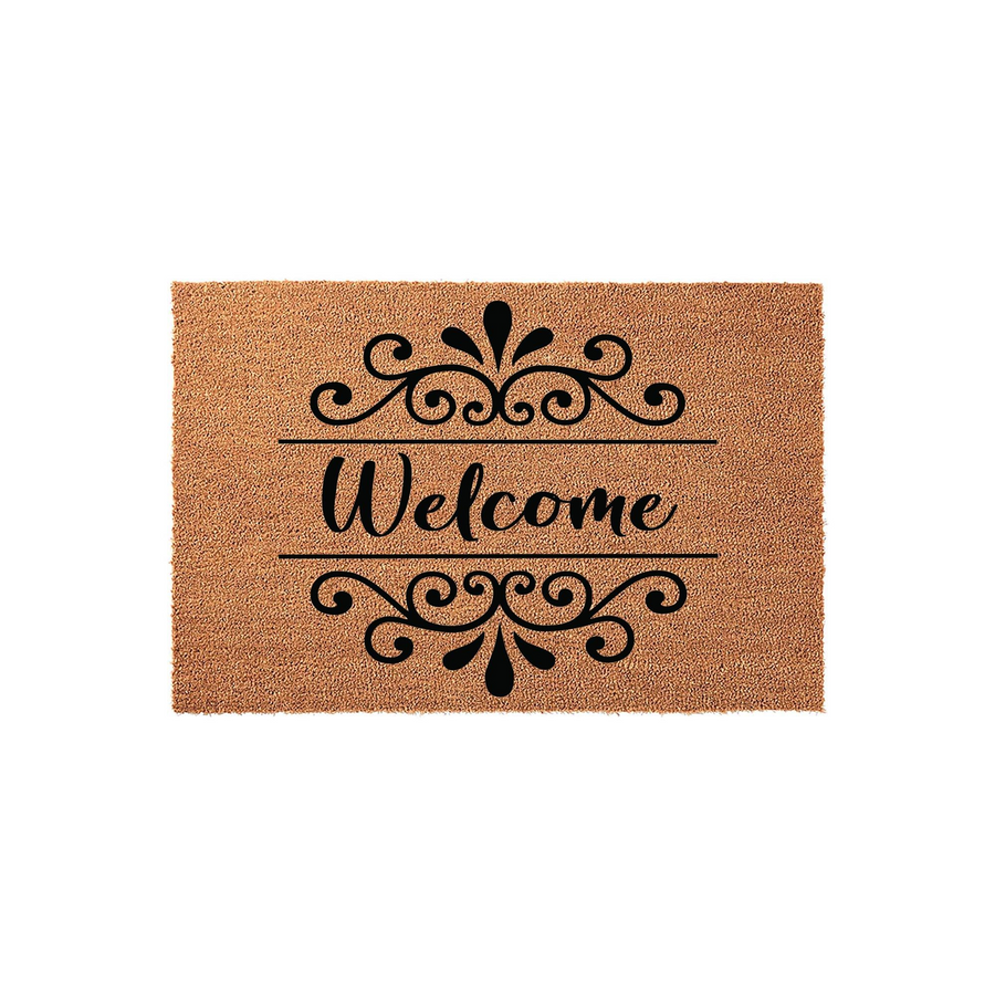 Welcome Coir Doormat featuring a natural tan fiber texture with elegant black scrollwork designs above and below the centered script text, creating a classic farmhouse aesthetic for your front porch entryway decor.