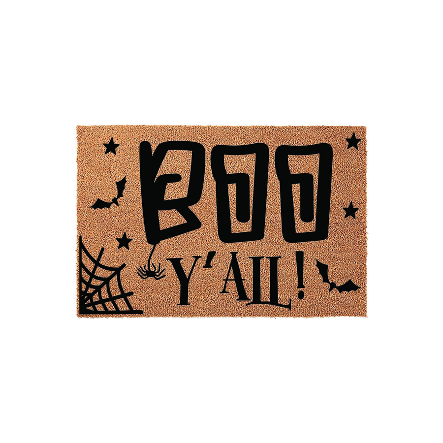 Boo Y'all Halloween Coir Doormat featuring a natural brown fiber texture with black printed text, a spider web, bats, and stars, creating a festive seasonal entryway decoration for your front porch during the spooky autumn