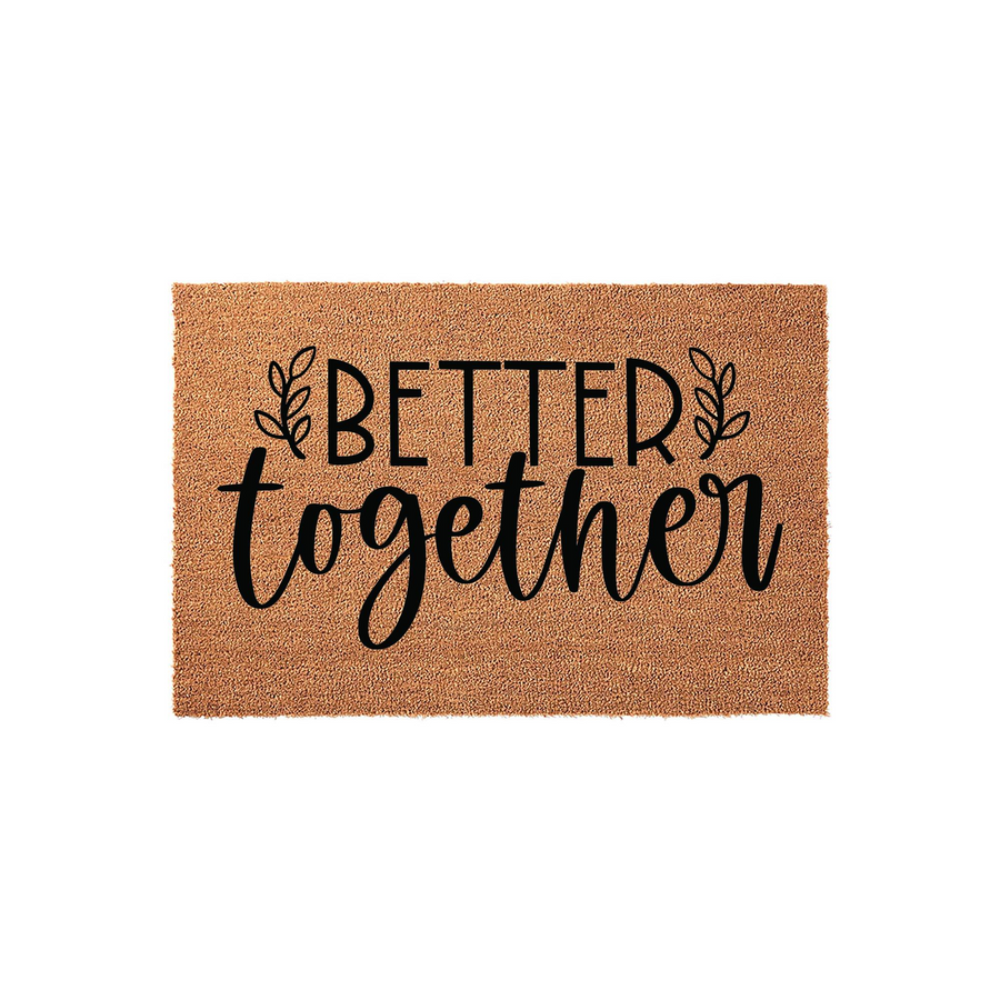 Better Together coir doormat featuring a natural brown fiber texture and bold black script lettering, designed as a charming front porch welcome mat for couples or a new home entry that adds a warm touch to any house entrance.